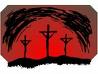 Red and black drawing of three crosses on a hill