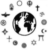 drawing of world surrounded by symbols of numerous religions
