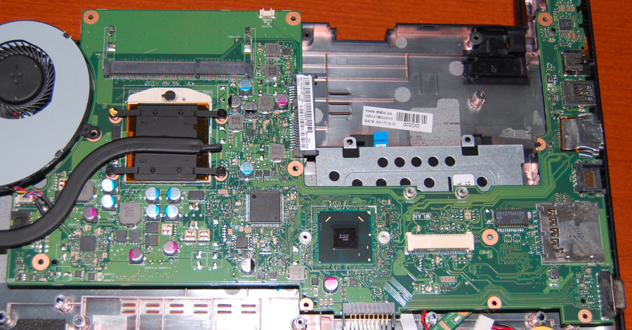 Photograph of a motherboard and CPU