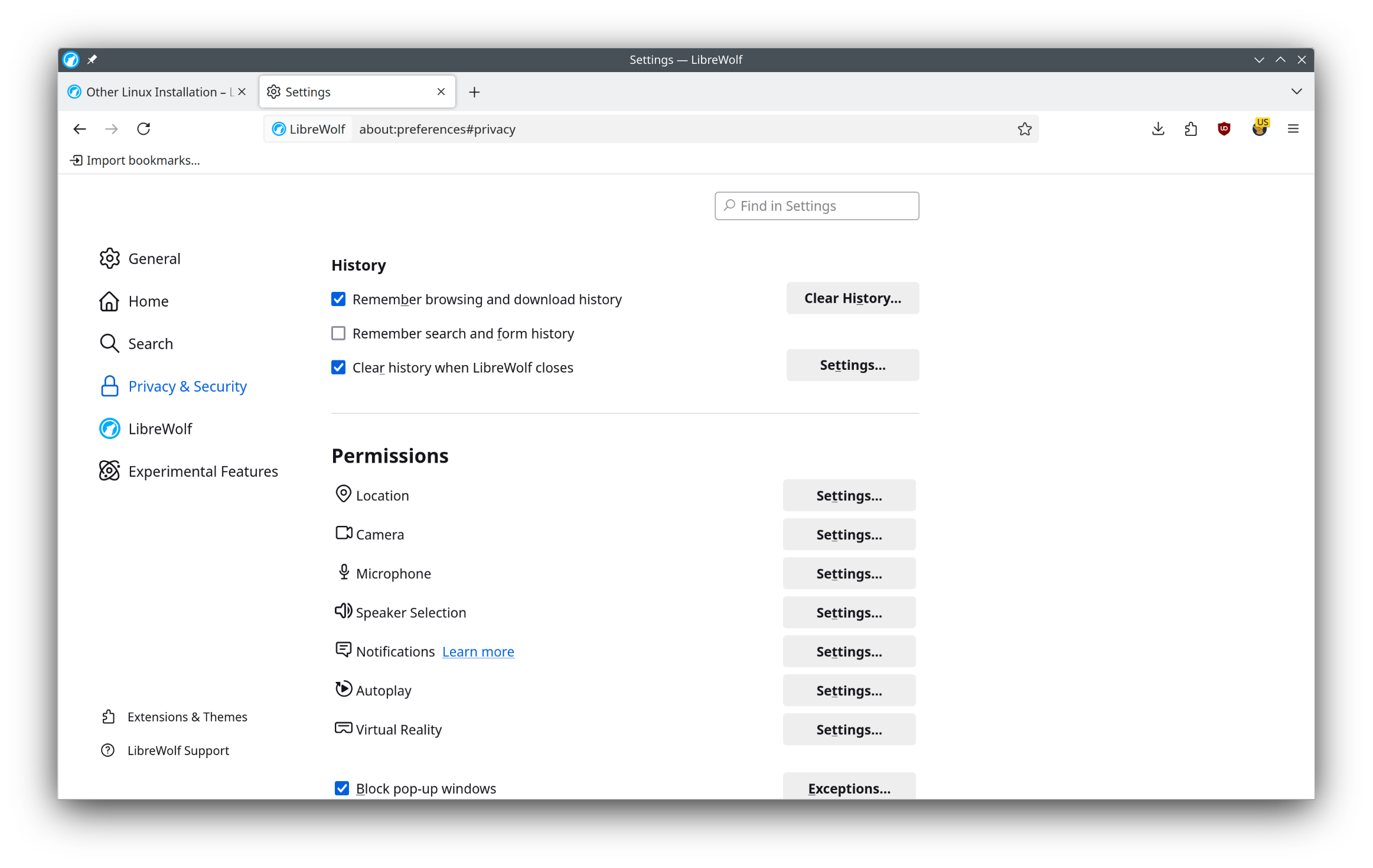 LibreWolf privacy settings