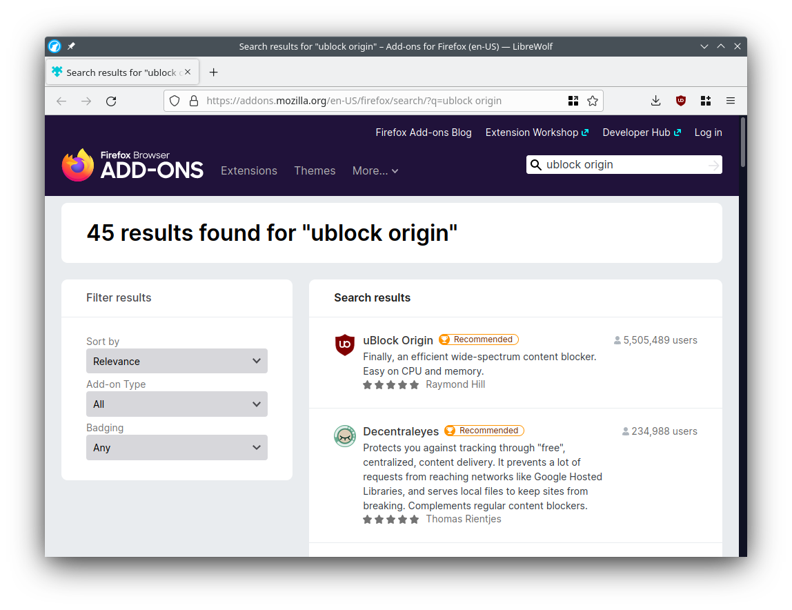 uBlock Origin in Mozilla Addons