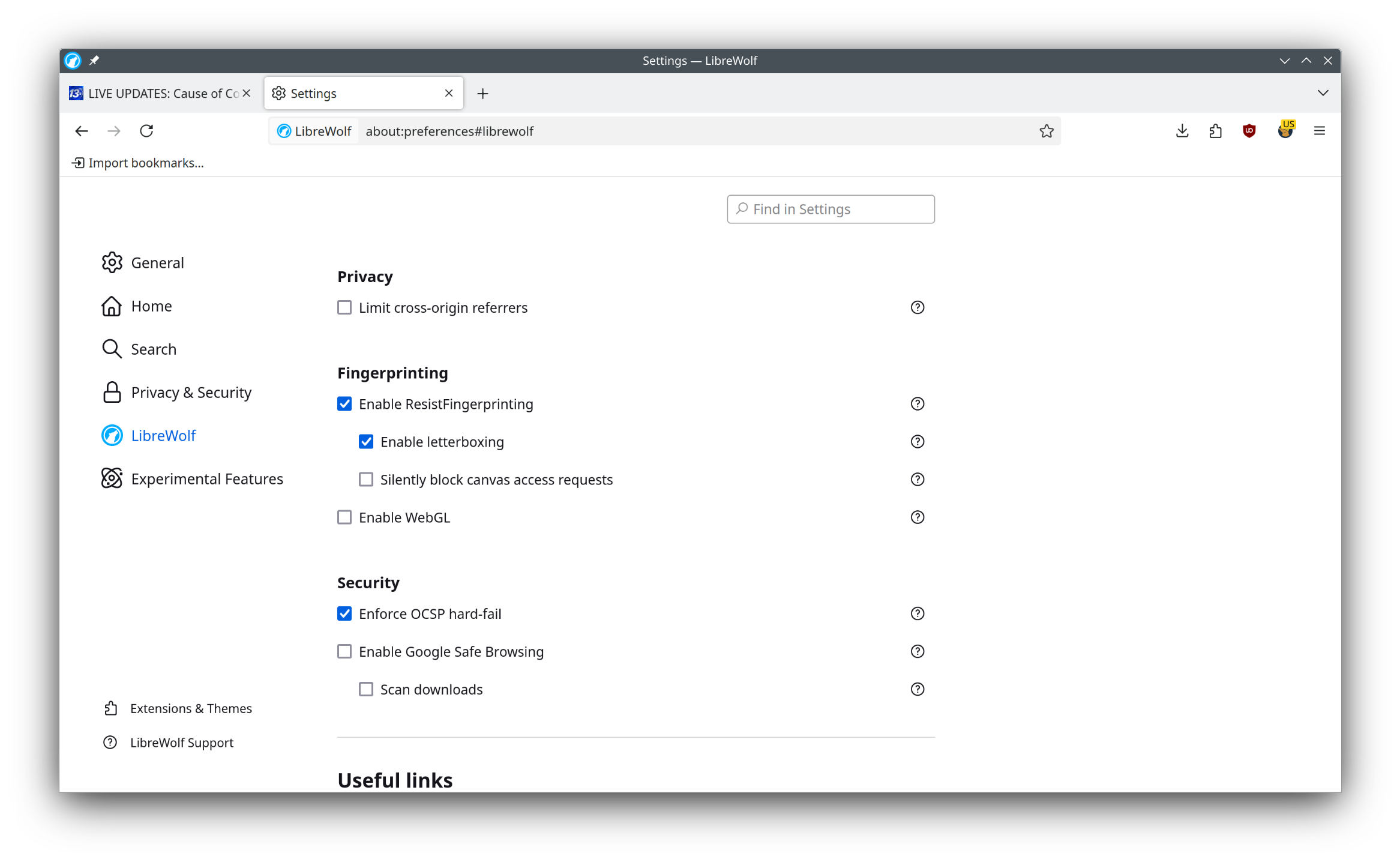 LibreWolf settings