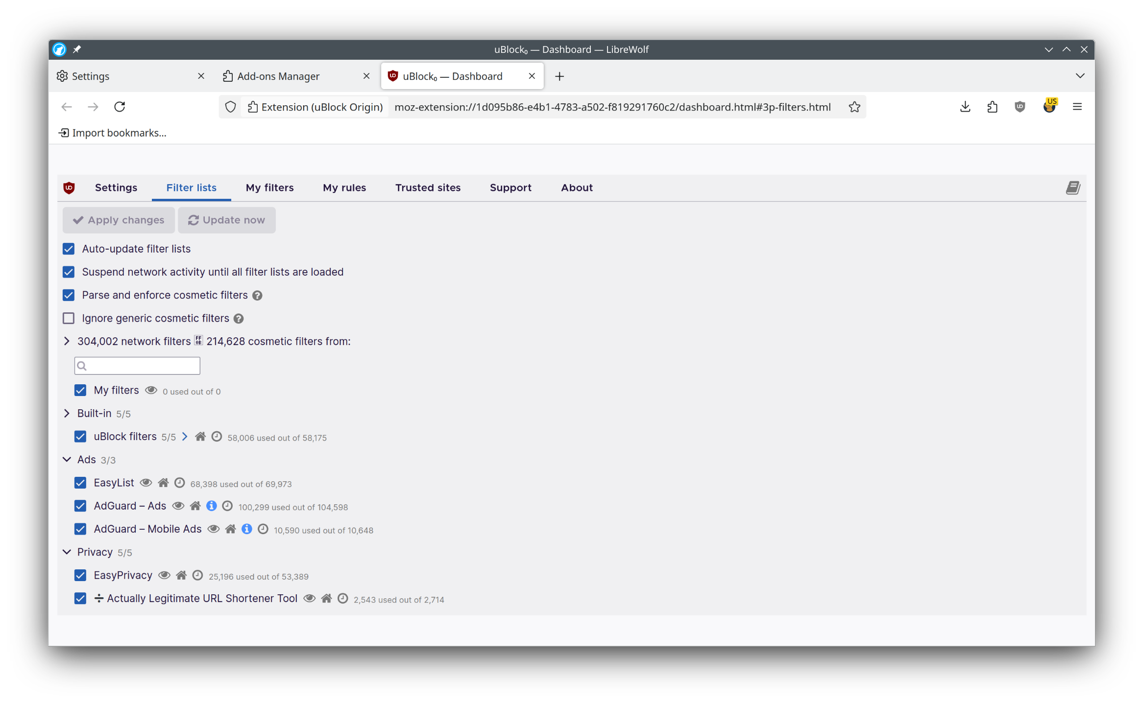 configuring settings and filters in uBlock origin
