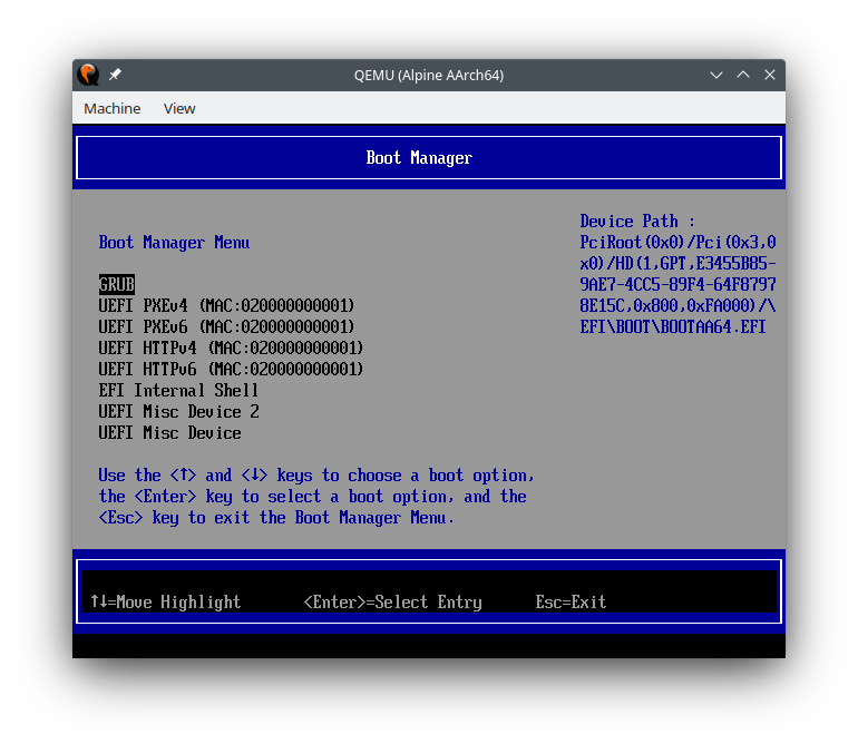Accessing the UEFI boot menu in QEMU