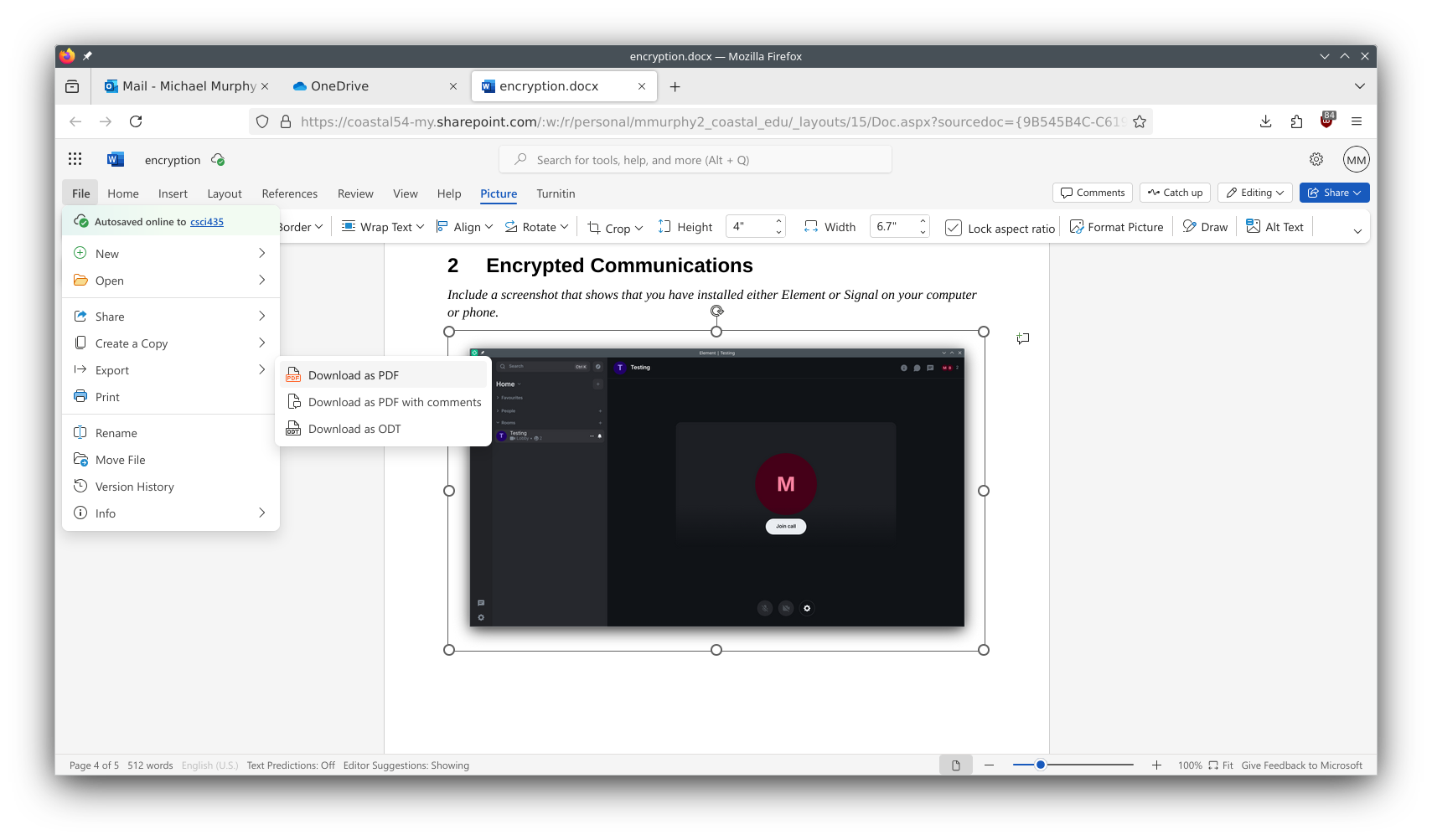Using the File menu in Microsoft365 to export a PDF