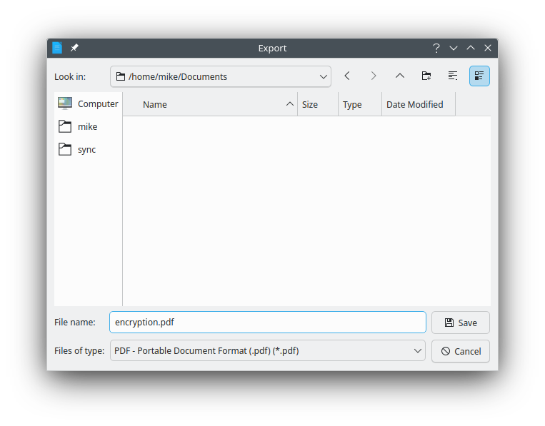 File save dialog for choosing the PDF save location