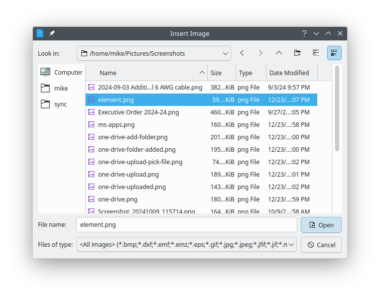 File open dialog for choosing a replacement image file